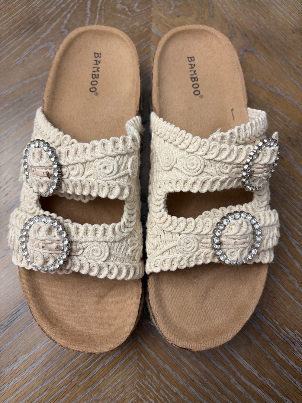 BAMBOO Cream Crochet Slide Sandals with Rhinestone Buckles